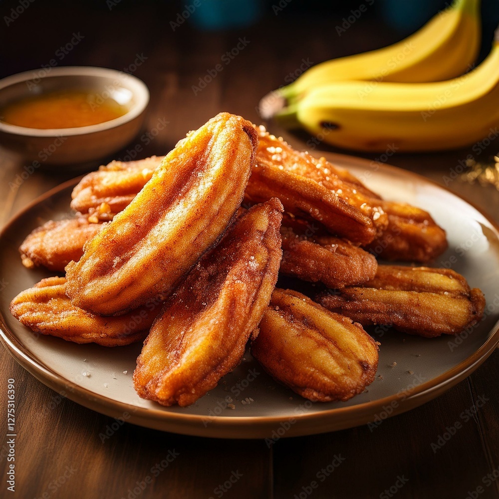A plate of golden, crispy fried bananas with a crunchy coating, served hot and fresh, with soft lighting highlighting the texture and rich color A plate of golden, crispy fried bananas with a crunchy coating, served hot and fresh, with soft lighting highlighting the texture and rich color