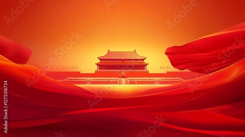 A stunning flat illustration of Tiananmen Square at sunset, featuring a red and yellow gradient background, elegant golden lighting, and flowing red silk in the wind