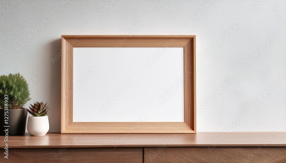 Wooden Picture Frame Showcasing a Striking Mockup against a Minimalist White Backdrop, Embracing the Rustic Charm of Nature and Elegance in Artistic Composition
