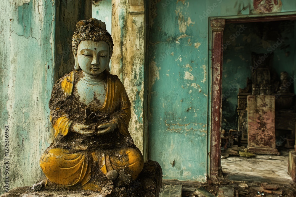 Obraz premium Abandoned Buddha Statue Surrounded by Decaying Environment in Ruins