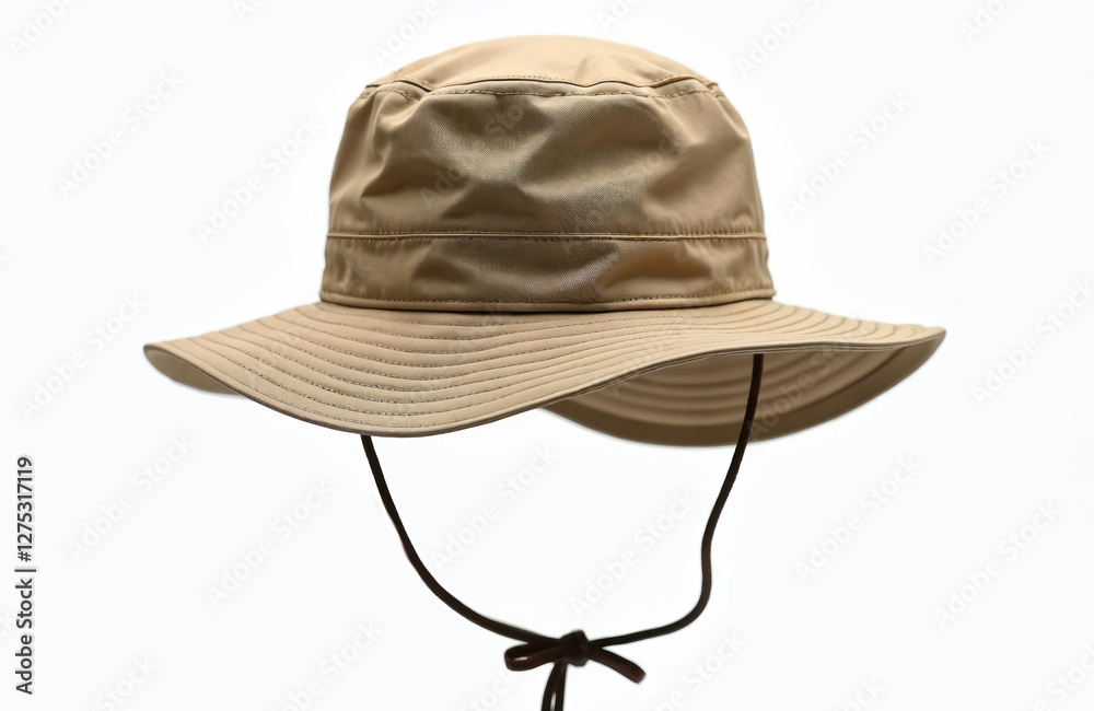 Boonie hat with chin strap. Khaki sunhat for hiking, camping, travel, safari, military, fishing, hunting. Cotton headwear, summer style, unisex accessory on white. Boonie hat with chin strap. Khaki sunhat for hiking, camping, travel, safari, military, fishing, hunting. Cotton headwear, summer style, unisex accessory on white.