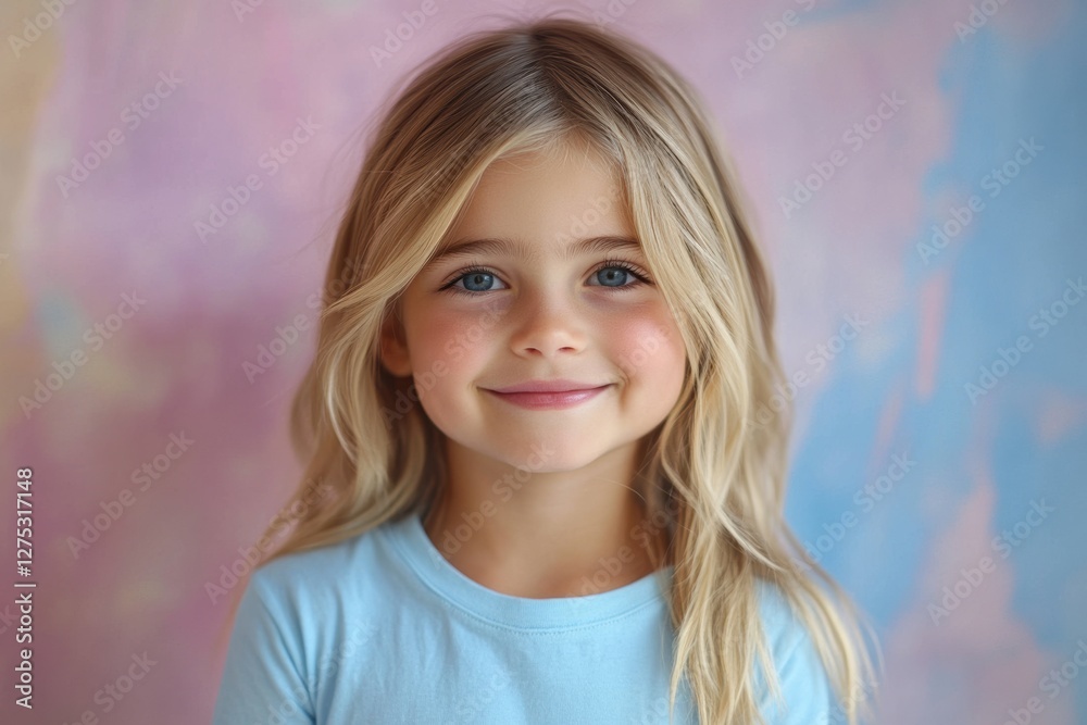 Gazing with calm blue eyes, a young girl with freckles is framed by a soft pink and blue neon fluorescent gradient, creating a gentle feel. Gazing with calm blue eyes, a young girl with freckles is framed by a soft pink and blue neon fluorescent gradient, creating a gentle feel.