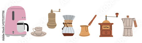Set of coffee elements. Coffee machine, mug, cup, kettle, grinder, coffee pots, italian, turkish coffee maker. Icon collection for menu, cafeteria, shop. Hand drawn modern Vector illustrations.