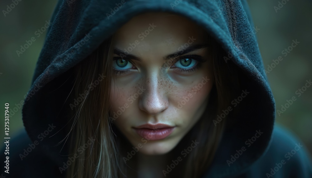 Mysterious woman with piercing green eyes in hood. Dark colors. Intrigue and power. Close-up dramatic portrait. Eerie enigmatic mood. Shadowy suspense. Gothic atmosphere. Focus on captivating face. Mysterious woman with piercing green eyes in hood. Dark colors. Intrigue and power. Close-up dramatic portrait. Eerie enigmatic mood. Shadowy suspense. Gothic atmosphere. Focus on captivating face.