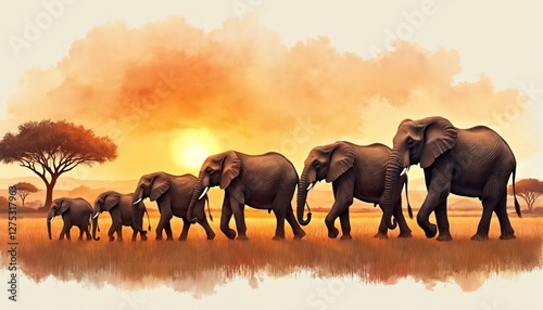 Watercolor painting of african elephant family walking at sunset. Mammal animals herd migrates in savanna. Wildlife conservation, environmental protection themes. Orange evening sky background. photo