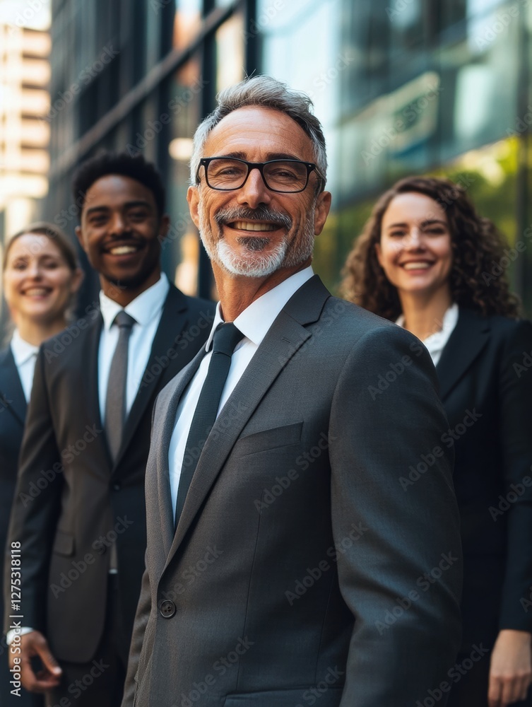 A confident leader stands with purpose, his team of diverse individuals behind him, symbolizing unity and strength in a powerful, urban setting. A confident leader stands with purpose, his team of diverse individuals behind him, symbolizing unity and strength in a powerful, urban setting.