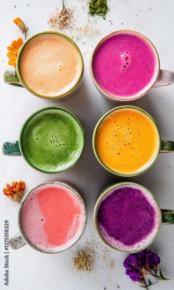 Aerial view of warm colorful drinks - matcha, fruit and berry herbal tea. Teacup with comfort beverages. Aerial view of warm colorful drinks - matcha, fruit and berry herbal tea. Teacup with comfort beverages.