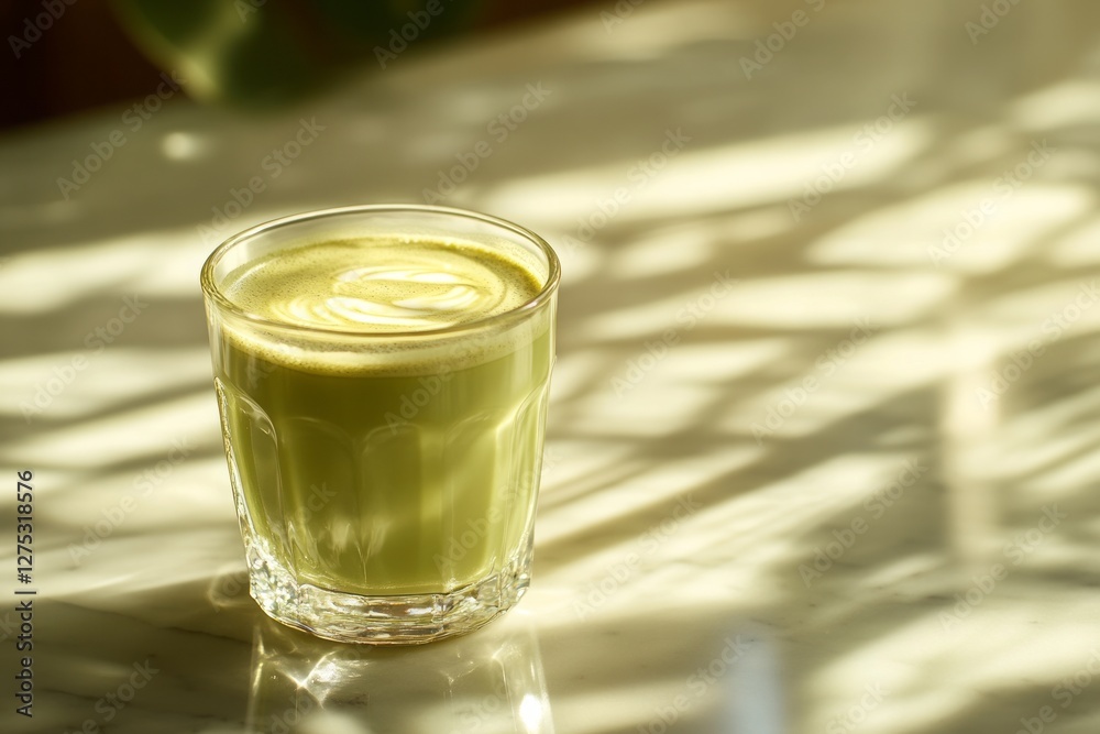 Fresh Matcha Latte in Clear Glass on Sunlit Marble Surface Fresh Matcha Latte in Clear Glass on Sunlit Marble Surface