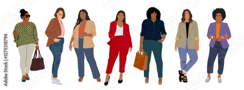 Set of different curvy women in stylish modern office clothes. Diverse plus size female beauties wearing smart casual business fashion outfits. Vector realistic illustration 