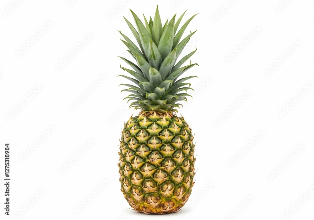 A whole pineapple, with its distinctive spiky leaves and textured skin, is presented in a simple and isolated composition against a white background A whole pineapple, with its distinctive spiky leaves and textured skin, is presented in a simple and isolated composition against a white background