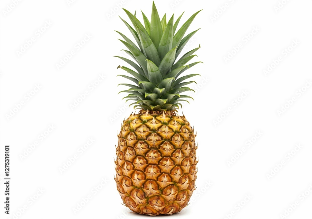 The spiky leaves and textured skin of a whole pineapple are showcased in this isolated image, emphasizing its freshness and exotic nature The spiky leaves and textured skin of a whole pineapple are showcased in this isolated image, emphasizing its freshness and exotic nature