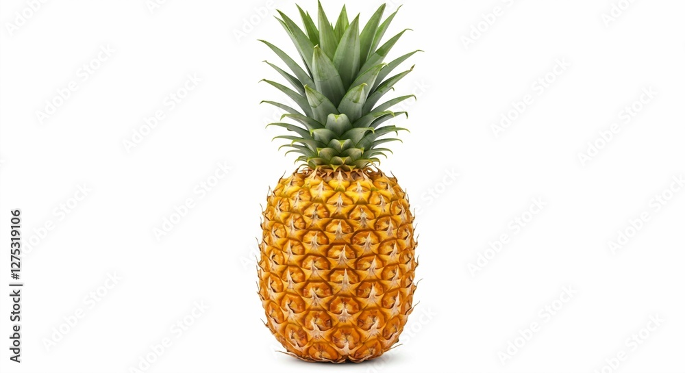 A single, whole pineapple, with its characteristic spiky crown and textured skin, is isolated against a clean white background A single, whole pineapple, with its characteristic spiky crown and textured skin, is isolated against a clean white background