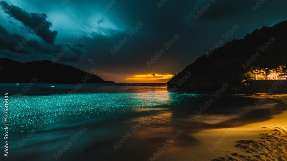 Nighttime Beach Scene with Glowing Water and Dramatic Sky Nighttime Beach Scene with Glowing Water and Dramatic Sky