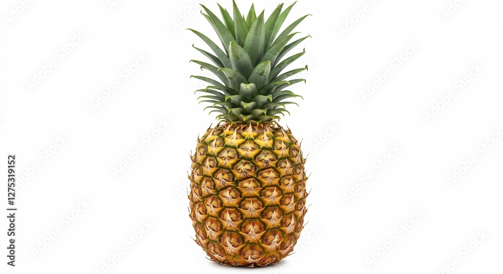 This image features a ripe pineapple with its characteristic spiky crown and textured body, set against a clean white background This image features a ripe pineapple with its characteristic spiky crown and textured body, set against a clean white background