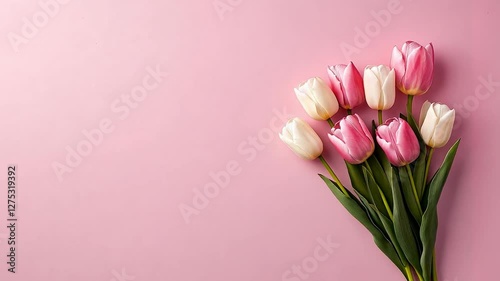 Elegant bouquet of pink and white tulips on pastel background