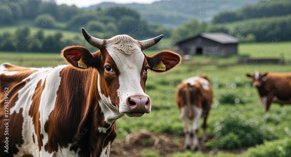 Cow in rural pasture background side view portrait Cow in rural pasture background side view portrait