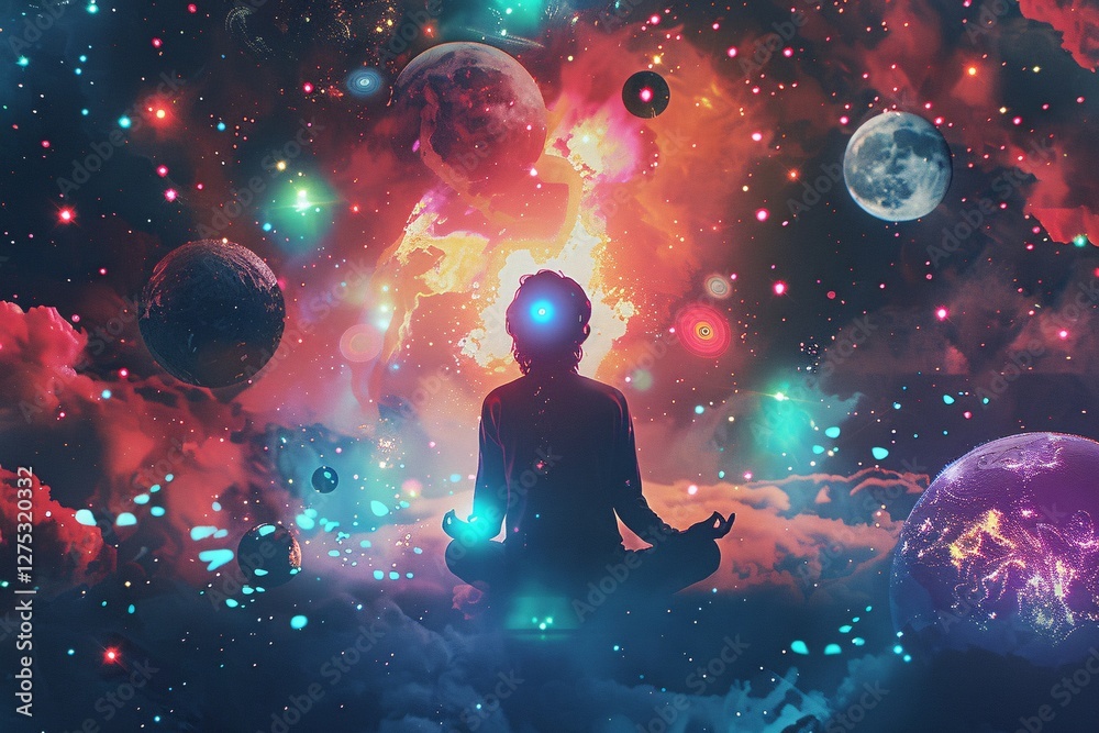 A Person Meditates in a Colorful Cosmic Setting A Person Meditates in a Colorful Cosmic Setting