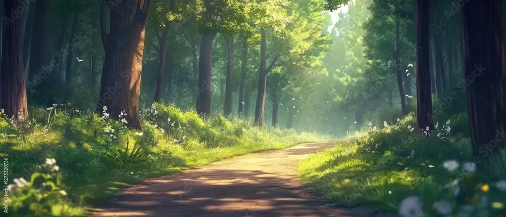 Fototapeta premium Sunlit Forest Path, Lush Green Trees, Pathway, Peaceful