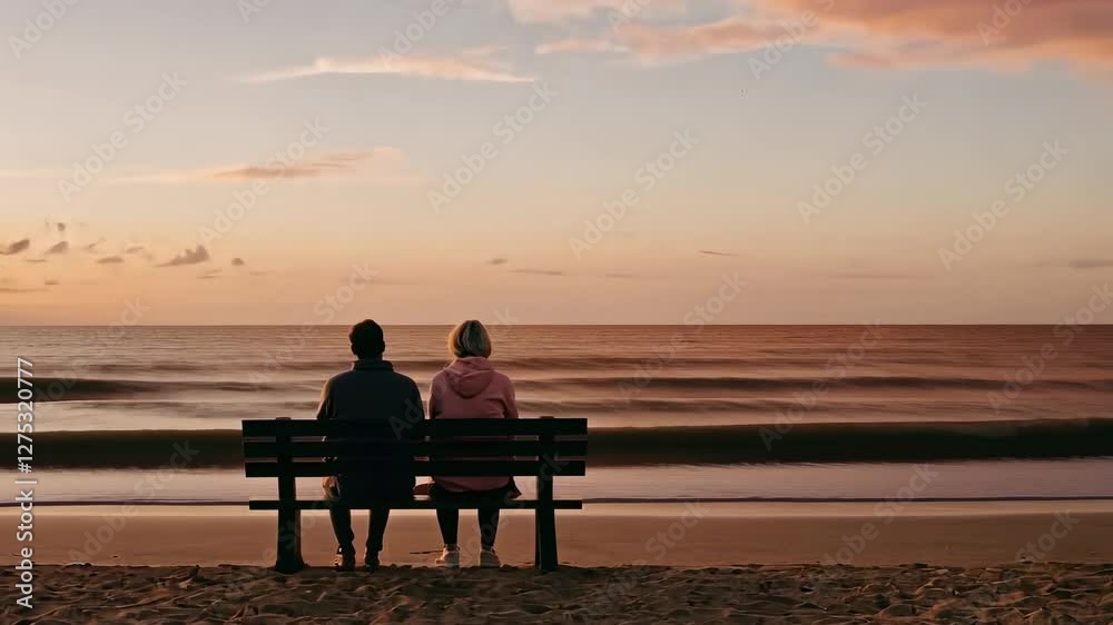 Couple Silhouetted at Sunset on Beach Bench Couple Silhouetted at Sunset on Beach Bench