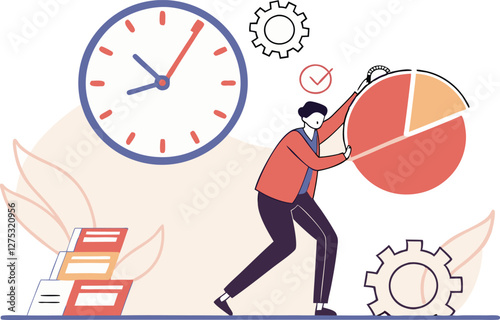 Business illustration concept. Time management, efficiency, productivity to finish work, delegation, finish tasks, prioritize responsibility, manage schedule, businessman holding time clock with pie.