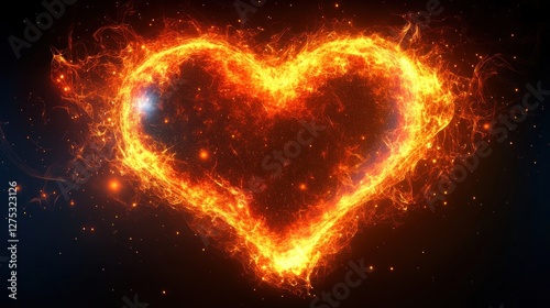 Fiery heart ablaze, cosmic backdrop, love design photo