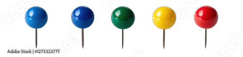 set of color-coded push pins red green blue yellow pinned group single isolated on transparent background