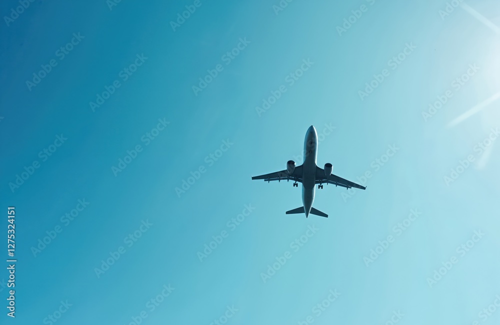 Passenger airplane flies against clear blue sky. Sunlight reflects on aircraft silhouette. Commercial aviation travel and air transportation theme or engineer industry background. Passenger airplane flies against clear blue sky. Sunlight reflects on aircraft silhouette. Commercial aviation travel and air transportation theme or engineer industry background.