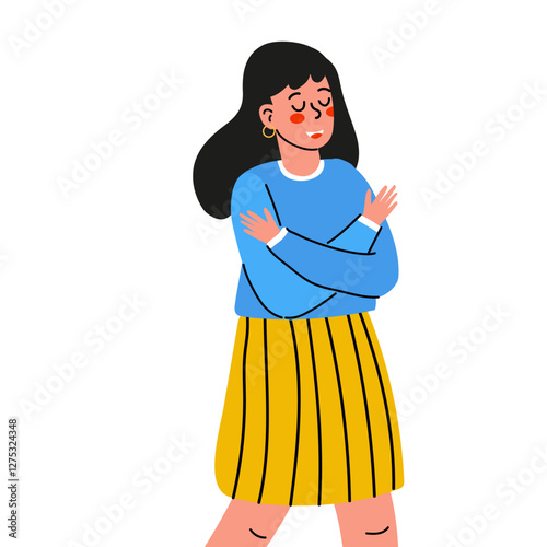 The girl hugs herself. Woman walks confidently in a casual outfit featuring blue sweater and a yellow skirt as she smiles joyfully