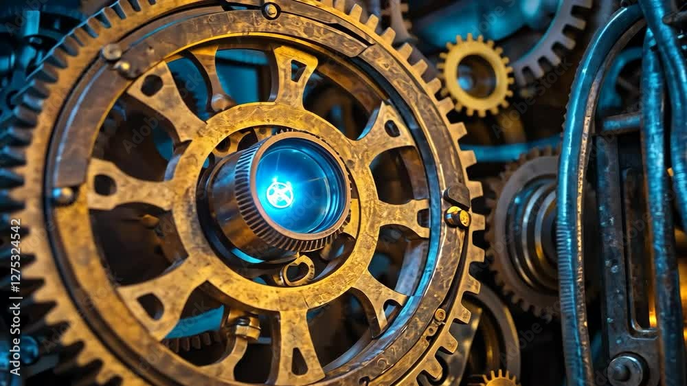 Video footage of Close up of interlocking gears with a glowing blue light at the center, highlighting the intricate mechanical design and metal textures