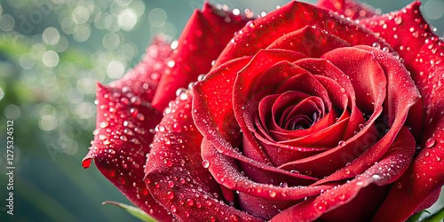 Close-up view of a gorgeous, single red rose; vibrant color and exquisite detail showcase the beauty of nature.