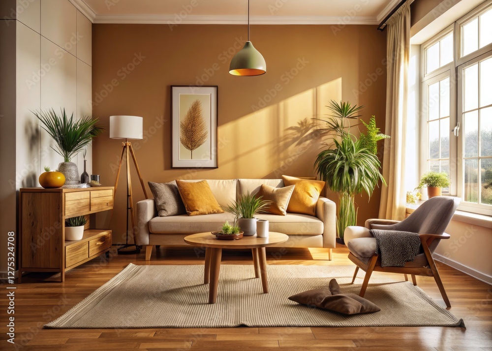 Fototapeta premium Cozy minimalist interior: soft lighting bathes a warm, comfortable space, embodying hygge home décor.