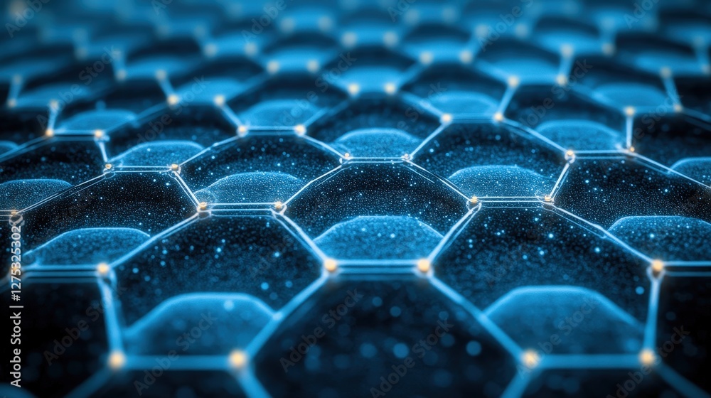 Naklejka premium Futuristic hexagon network creates a digital grid structure. Hexagonal technology forms glowing connections in an abstract pattern. Blue geometric design embodies modern tech, ideal for science