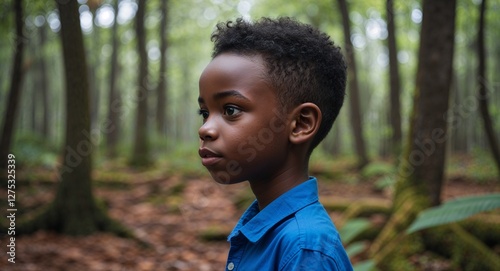 Kid black African boy in a forest background orange jacket side view portrait