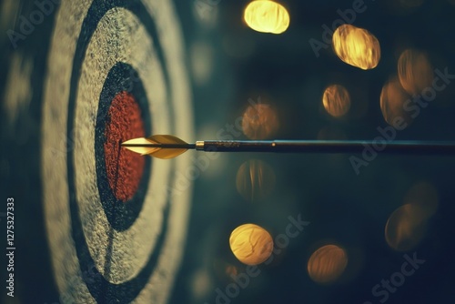 A close-up of an arrow hitting the bullseye of a target, symbolizing precision and focus. The blurred background adds to the dynamic energy of archery.
