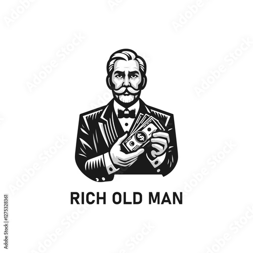 Rich old man monochrome vector illustration