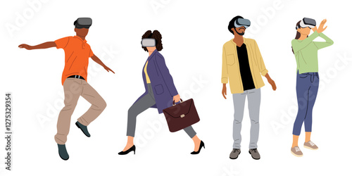 Set of diverse people in virtual reality headset. Different Men and women wearing digital glasses travel in metaverse. Modern technologies. Flat Vector illustrations isolated