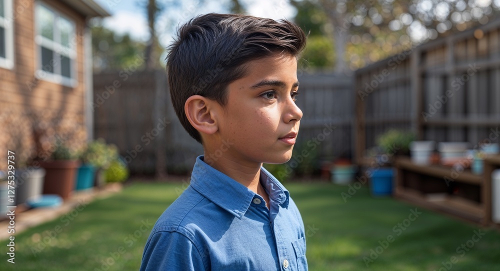 Kid Hispanic boy in a backyard background blue shirt side view portrait Kid Hispanic boy in a backyard background blue shirt side view portrait