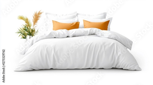 White bedding with fluffy pillows and orange accents isolated on a white background. Generative AI photo