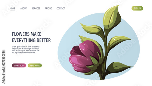 Web page with flower. Spring time, nature, gardening. Vector illustration for banner, website.	