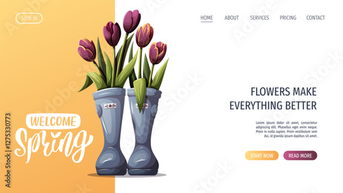 Web page design with rubber boots and tulips. Spring time, nature, gardening. Vector illustration for banner, website.