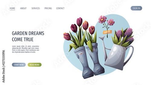 Web page design with rubber boots with tulips and watering can with purple flowers. Spring time, nature, gardening. Vector illustration for banner, website.
