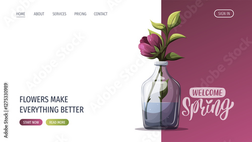 Web page design with glass bottle with purple flower. Spring time, nature, gardening. Vector illustration for banner, website.	