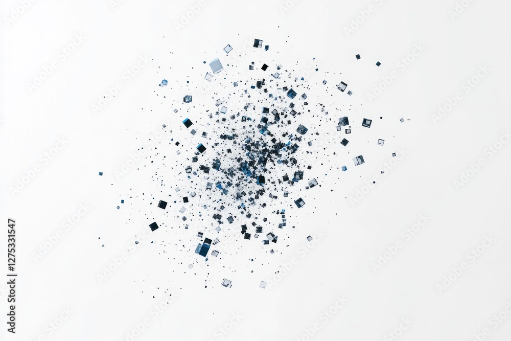 Abstract blue and grey cubes exploding on white background.