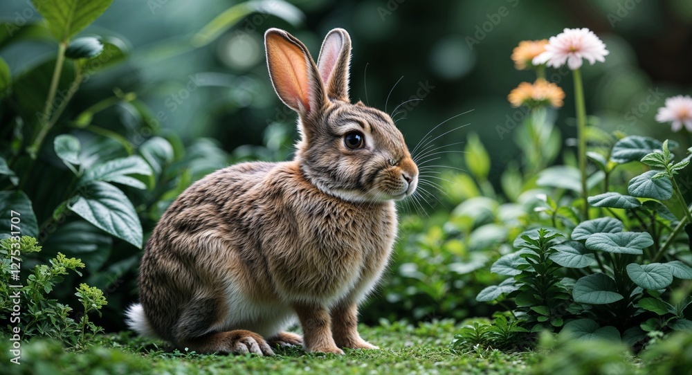 Fototapeta premium Rabbit in lush garden background side view portrait