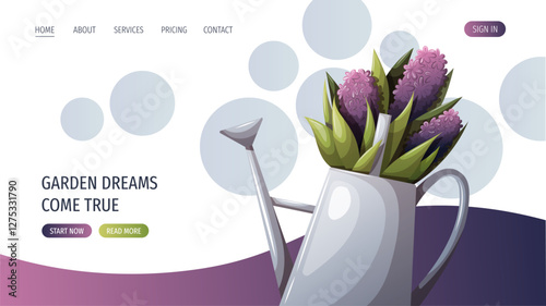 Web page design with watering can and flowers. Spring time, nature, gardening. Vector illustration for banner, website template.