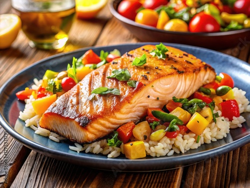 High-definition image showcases succulent grilled salmon alongside flavorful rice and a medley of seasoned vegetables.