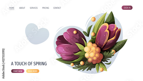 Web page design with flowers. Spring time, nature, gardening. Vector illustration for banner, website template.
