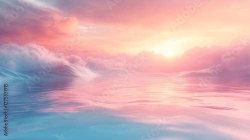 Beautiful pastel ocean waves at sunset with soft clouds. Generative AI