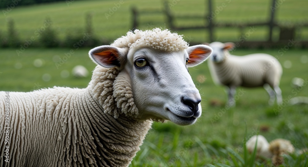 Sheep in green pasture background side view portrait Sheep in green pasture background side view portrait