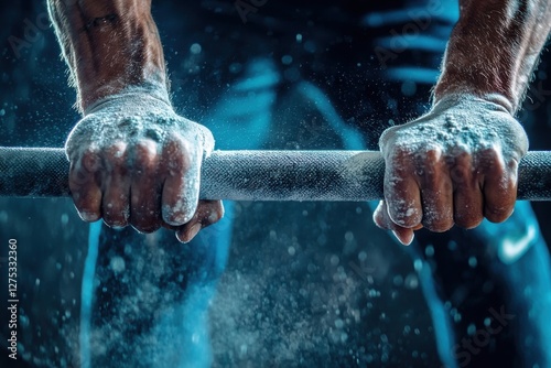 Close-up of muscular hands gripping a barbell, showcasing strength and determination during weightlifting, with powder and dramatic lighting enhancing the scene. photo